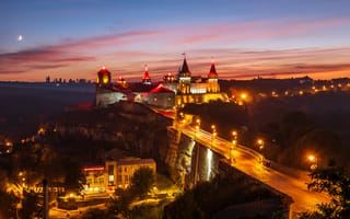 Картинка Kamianets-Podilskyi, Khmelnytska oblast, городок, огни, ночь, замок, Ukraine