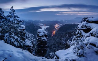 Картинка winter, Elbe Sandst, snow, Saxon Switzerland, mountains, Germany, trees, panorama