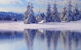 Картинка природа, деревья, вода, ели, снег, дом, снегопад, зима, пейзаж