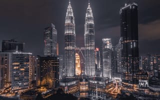 Картинка Башни Петронас, огни, ночь, Малайзия, Куала-Лумпур