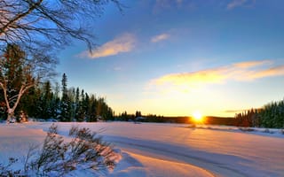 Картинка Канада, вечер, зима, природа, пейзаж, кусты, закат, деревья, Квебек, снег, озеро