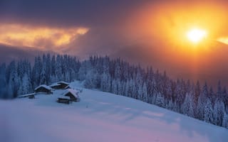Картинка природа, дома, леса, солнце, снег, склон, зима, пейзаж, Карпаты, горы, закат, Misha Reme