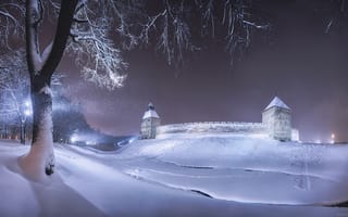 Картинка Антон Кононов, Новгород, стена, зима, снег, освещение, Кремль, Великий Новгород, башни, вечер, деревья