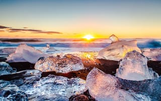 Картинка Лед, пляж, море, восход солнца, зима