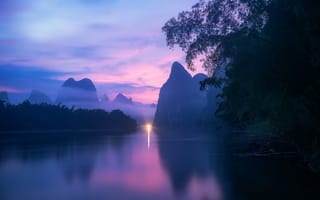 Картинка Гуйлинь, Сумерки, свет, Китай, туман, Природа, пейзаж, горы, река