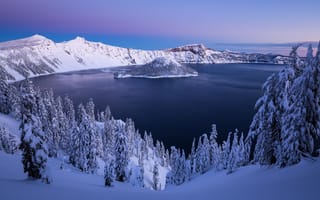 Картинка Кратерное, Орегон, закат, озеро, пейзаж, зима