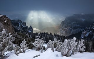 Картинка Румыния, зима, лучи, природа, снег, пейзаж, лес, деревья, свет, горы, ели, тучи