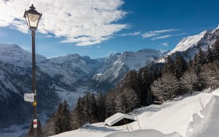 Картинка Швейцария, Уличные фонари, Braunwald, Ель, Зима, Снег, Горы, Природа
