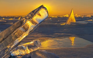 Картинка зима, утро, рассвет, Байкал, природа, Владимир Рябков, озеро, льдины, вода, лёд