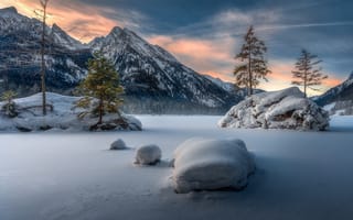 Картинка природа, деревья, горы, камни, озеро, Германия, пейзаж, Бавария, зима, снег