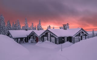 Обои зима, дома, природа, пейзаж, деревья, утро, ели, снег, Jorn Allan Pedersen, сугробы, Allan Pedersen, рассвет