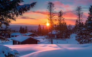 Картинка зима, Норвегия, пейзаж, Allan Pedersen, дома, сугробы, закат, ели, солнце, деревья, снег, Jorn Allan Pedersen, природа