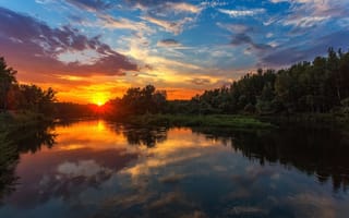 Картинка Павел Сагайдак, леса, закат, лучи, природа, солнце, река, берега, пейзаж