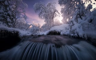 Картинка зима, река, снег, Arild Heitmann, водопад, природа, порог, каскад, пейзаж, Норвегия, деревья, закат