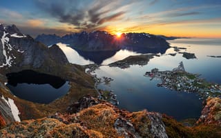 Картинка Норвегия, Лофотенские острова, Скала, Природа, Залив, Мох