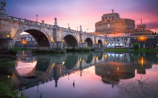 Картинка Италия, Рим, вечер, освещение, река, закат, мост, город, Ватикан