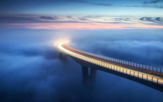 Картинка Мост, туман, линии света, высота, облака, утро