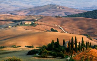 Картинка Тоскана, пейзаж, кипарис, холмы