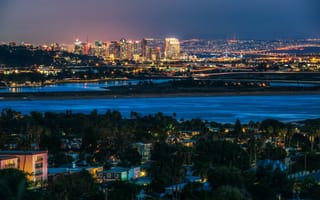 Картинка Сан-Диего, река, город, ночь, огни