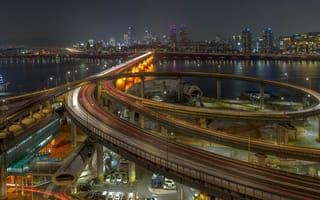 Картинка Южная Корея, город, огни, ночь, дороги, Сеул, шоссе, река, мост