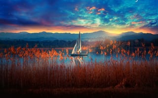 Картинка яхта, озеро, вечер