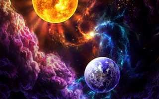 Картинка Огненный и ледяной свет звезды среди разноцветной туманности в космосе