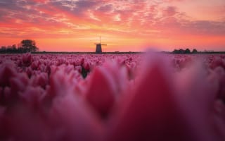 Картинка Нидерланды, природа, рассвет, тюльпаны, весна, пейзаж, утро, Голландия, цветы, мельница, плантация