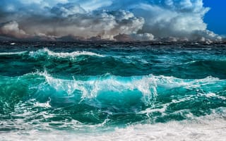 Картинка природа, гроза, волны, океан, море, шторм, небо, тучи
