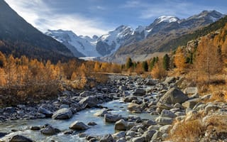 Картинка Швейцария, камни, осень, леса, пейзаж, природа, река, горы