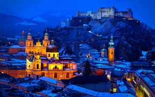 Картинка Городской пейзаж, ночь, здание, архитектура, Зима, снег, камень, Древний