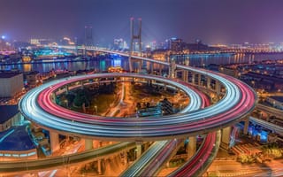 Картинка Китай, город, вечер, ночь, дороги, освещение, Шанхай, мост, огни, река