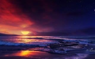 Картинка Ocean, Sunset, Illustration