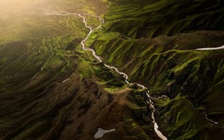 Картинка природный ландшафт, river stream горы, вид с высоты птичьего полета, Исландия