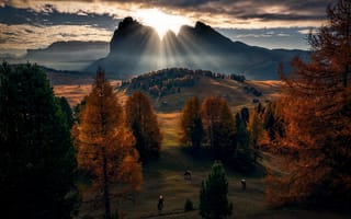 Картинка Доломиты, облака, горы, животные солнечные лучи пейзаж холмы, природа осень