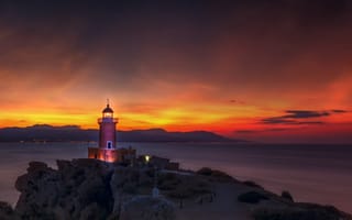 Картинка Греция, вечер, море, скалы, маяк, закат