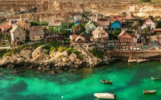 Картинка море, природа, камни, лодки, пейзаж, деревня, залив, дома, Мальта, скалы