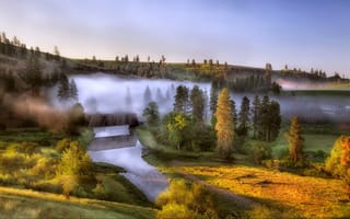Картинка природа пейзаж, туман река деревянный мост юхолмы