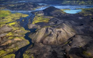 Картинка природа пейзаж лето, горы реки Исландии с высоты птичьего полета