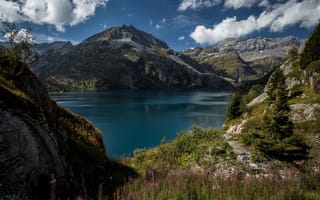 Картинка Швейцария, горы, ели, озеро, камни, пейзаж, природа, деревья