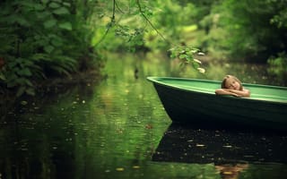 Картинка лето, ребёнок, природа, листья, девочка, Марианна Смолина, ветки, лодка, водоём