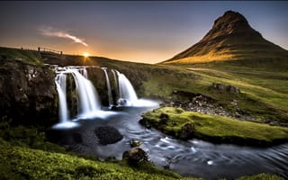 Картинка водопад пейзаж холм долго, экспозиции ручьи восход солнца