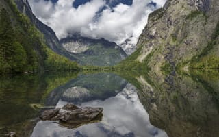 Картинка облака, горы, камни, Германия, Бавария, природа, Оберзее, отражение, пейзаж, скалы, озеро