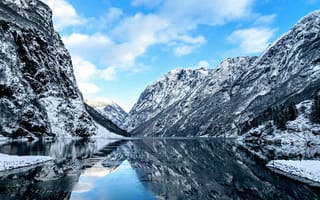 Картинка Норвегия Fjord, Утес, скала, скалы, Природа снег