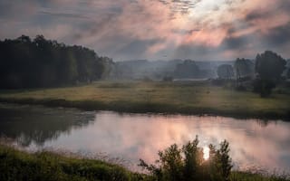 Картинка лето, туман, природа, берега, рассвет, деревья, утро, Андрей Чиж, река