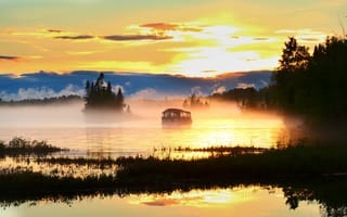 Картинка Канада, Квебек, туман, лето, озеро, понтон, деревья, сумерки, вечер, природа, пейзаж, закат