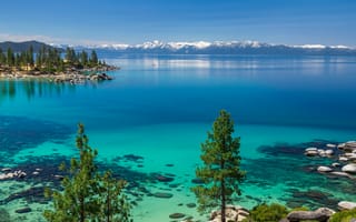 Картинка Lake Tahoe, Sierra Nevada, blue lake, spring, sunny day