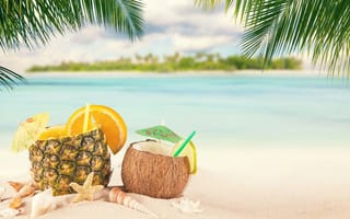 Картинка напиток, пляж, коктейль, кокос, тропики, ананас, вкусный, кокосовый, фрукты, апельсин, тропический, орех, ломтик