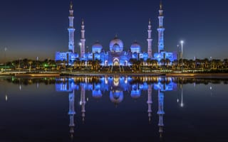 Картинка ОАЭ Дома Храмы Abu, Залив, Dhabi, Город, Отражение, Ночь