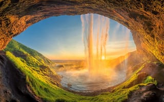 Картинка Исландия, солнце, природа, пейзаж, закат, грот, водопад, пещера
