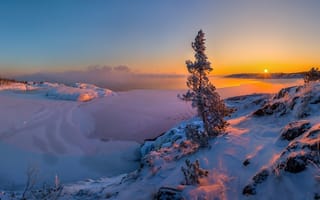 Картинка горы, солнце, небо, снег, закат